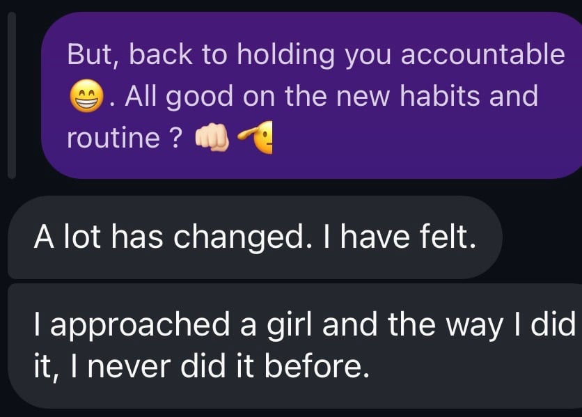 Anonymized Instagram conversation describing personal progress