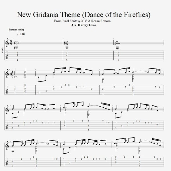 New Gridania - Dance of the Fireflies (Final Fantasy XIV) fingerstyle guitar tab PDF by Harley Guio