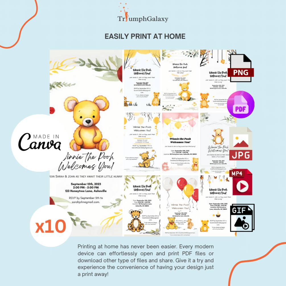 🍯 Winnie The Pooh Baby Shower Invitation Templates Bundle Editable