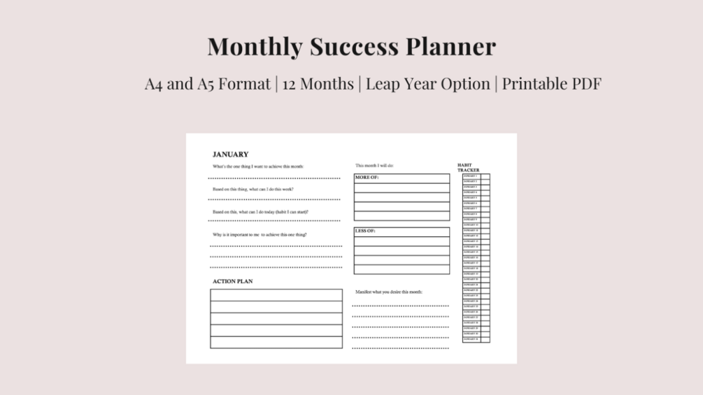 Monthly Success Planner | A4 and A5 Format | 12 Months | Leap Year Option