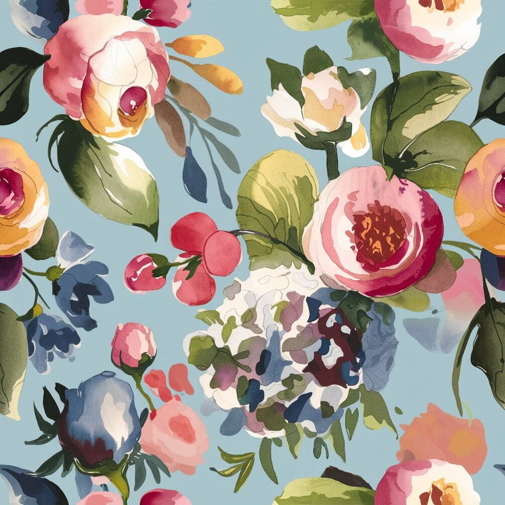 "Romantic WatercolorInspired Floral Pattern on Soft Blue Background"