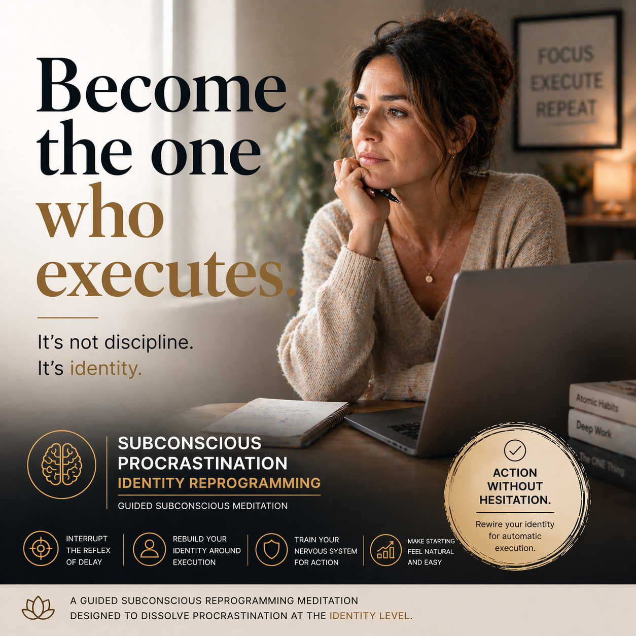 Subconscious procrastination identity reprogramming meditation cover symbolizing subconscious behavior change and execution identity