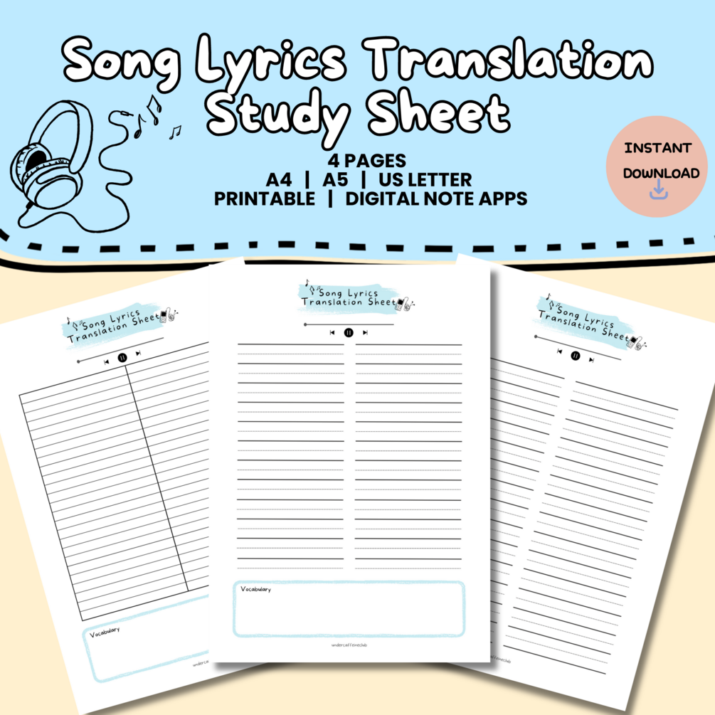 Song Lyrics Translation Worksheet Study Pack , Language Learning