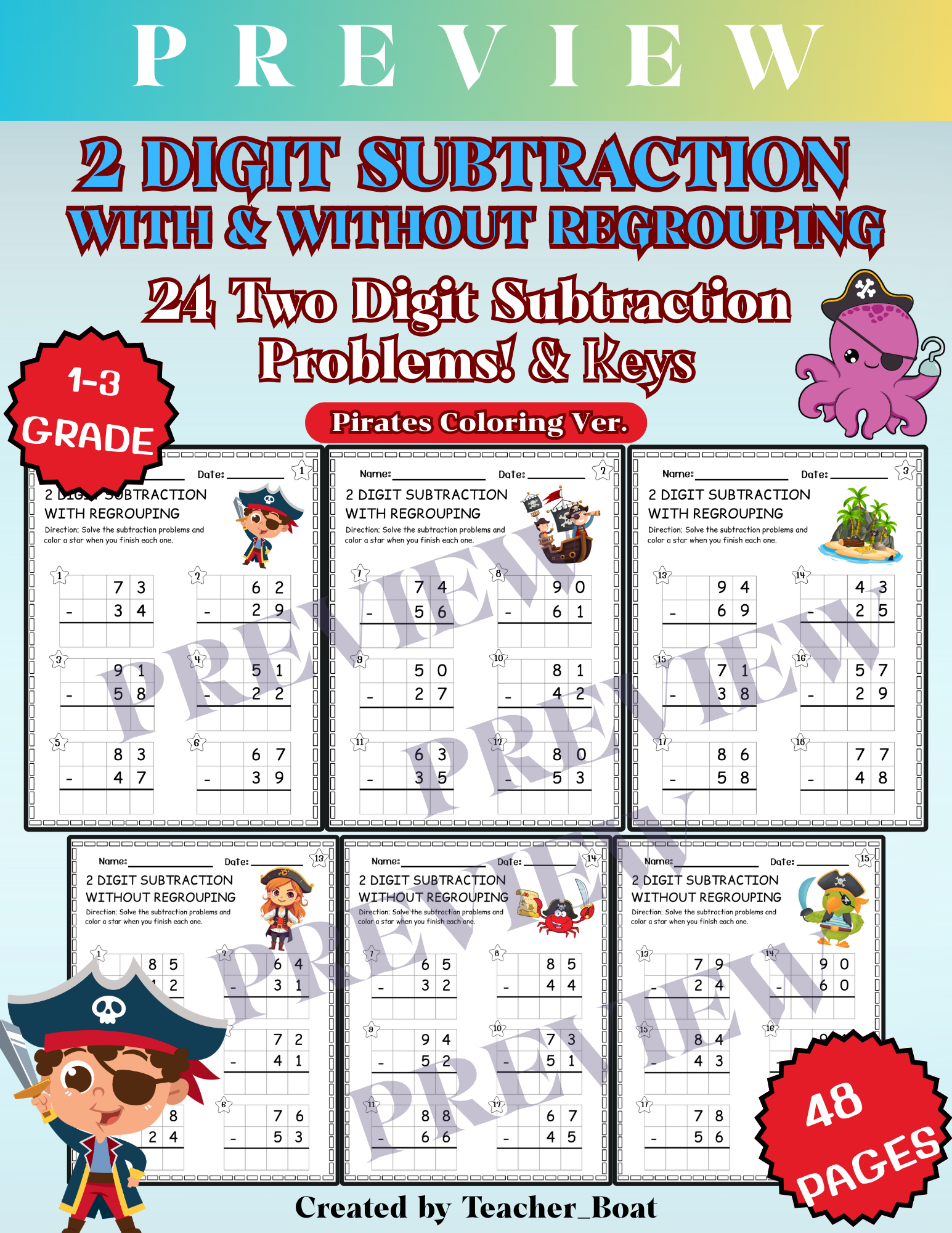 2 Digit Subtraction With & Without Regrouping Worksheets - Pirate Coloring