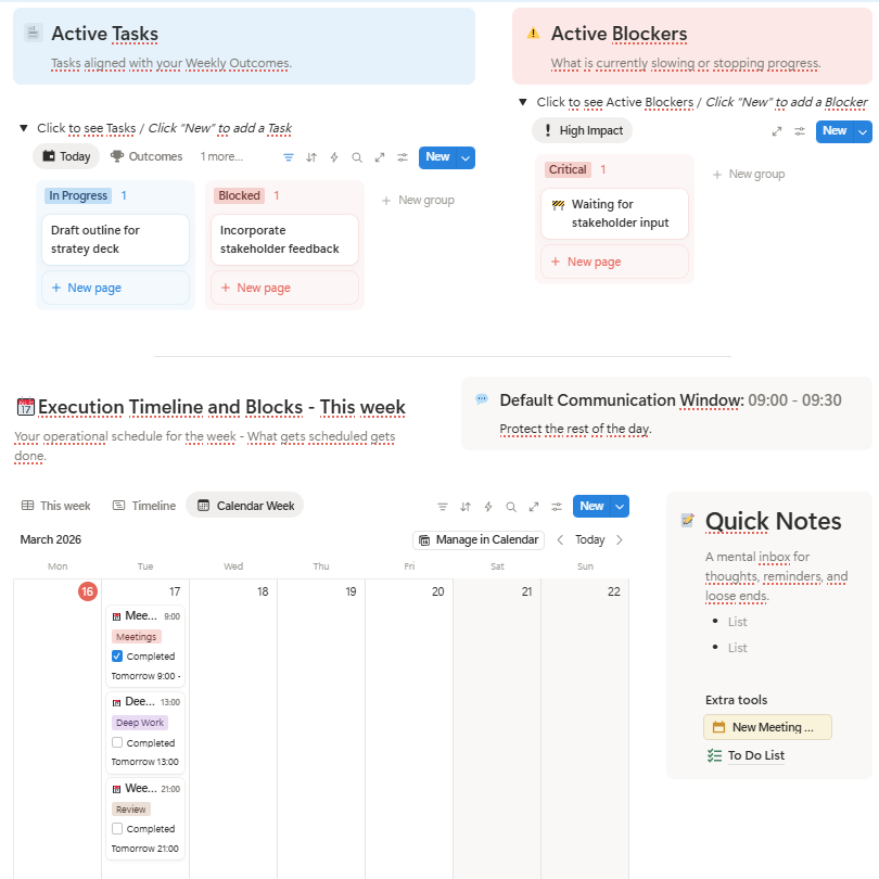 NeXaOS weekly command center - task planning and execution