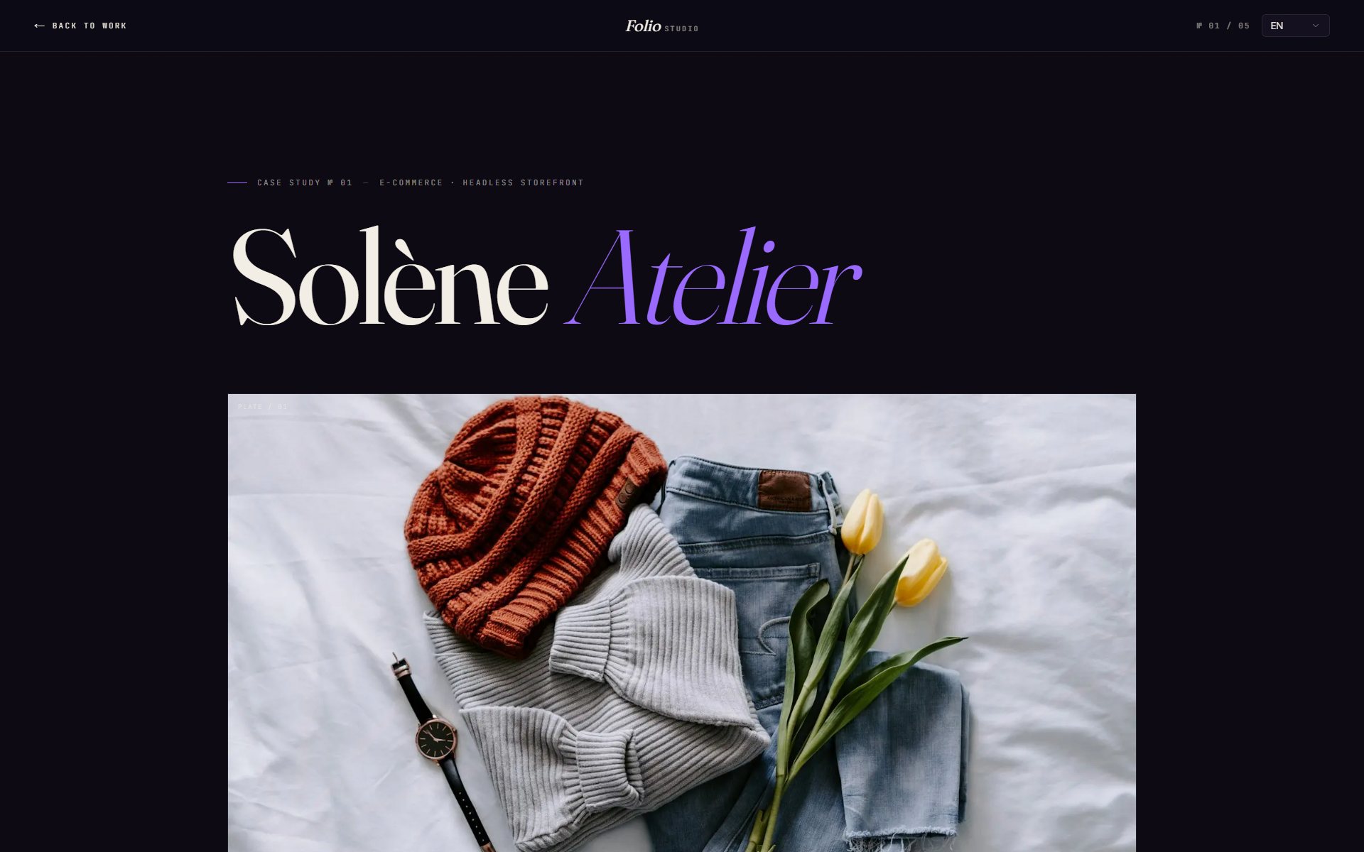 A Folio case study page for Solène Atelier, with the project title in large display type above a full-bleed photograph.