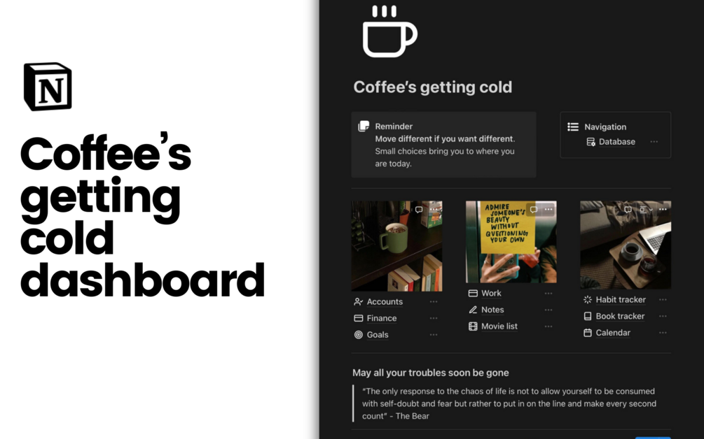 Coffee's getting cold dashboard (Dark Theme Notion Template)