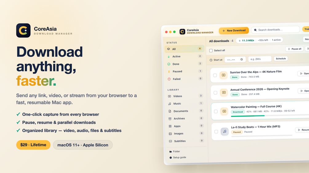 CoreAsia Download Manager queue and organization view