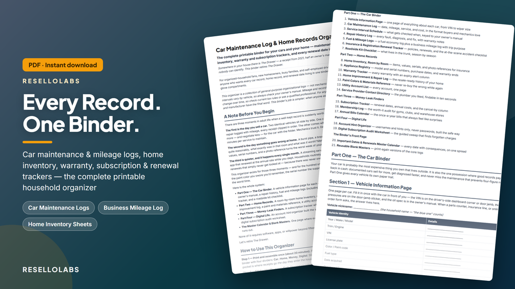 Car Maintenance Log & Home Records Organizer (Printable)