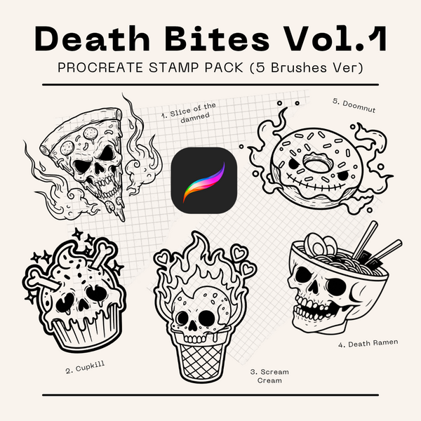 Death Bites Vol.1 – Creepy Cute Skull Food Procreate Stamps (5 Brushes) by vantarighthere