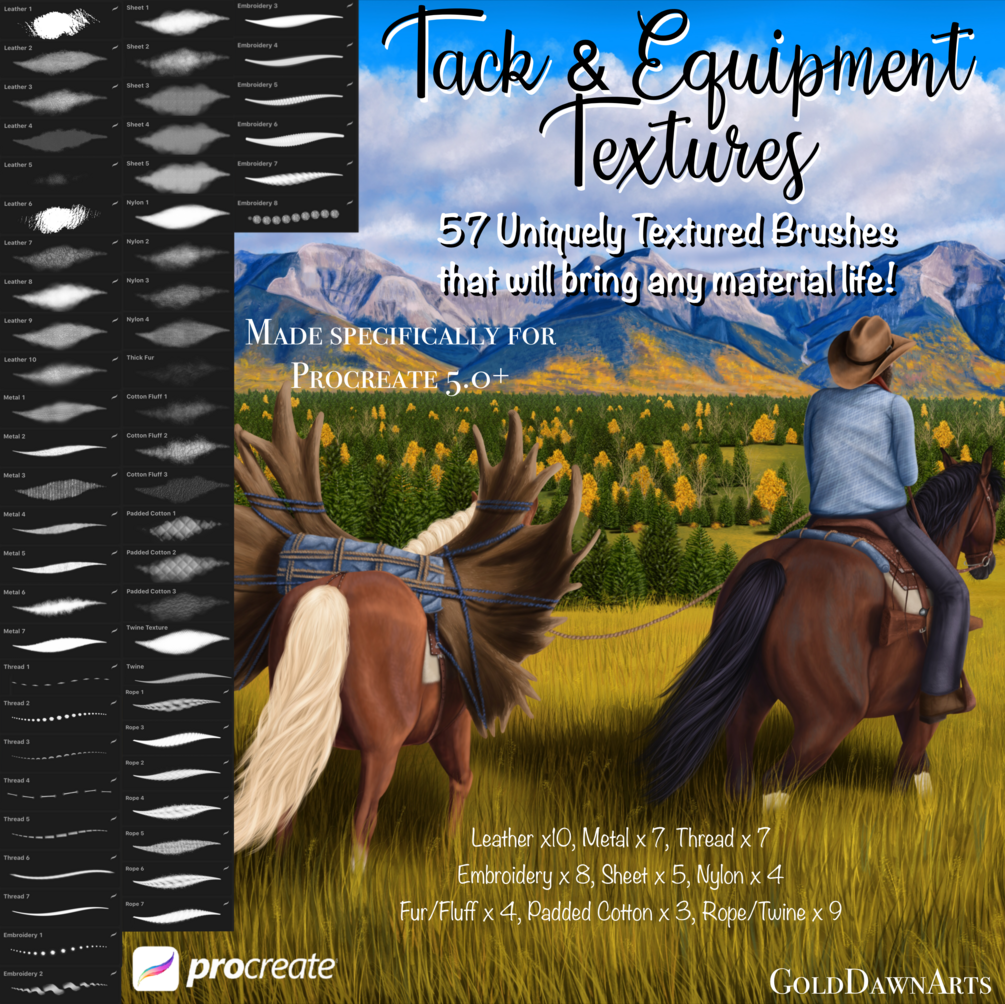 57+ Tack & Equipment Material Texture Brush Pack by GoldDawn Studio Designs