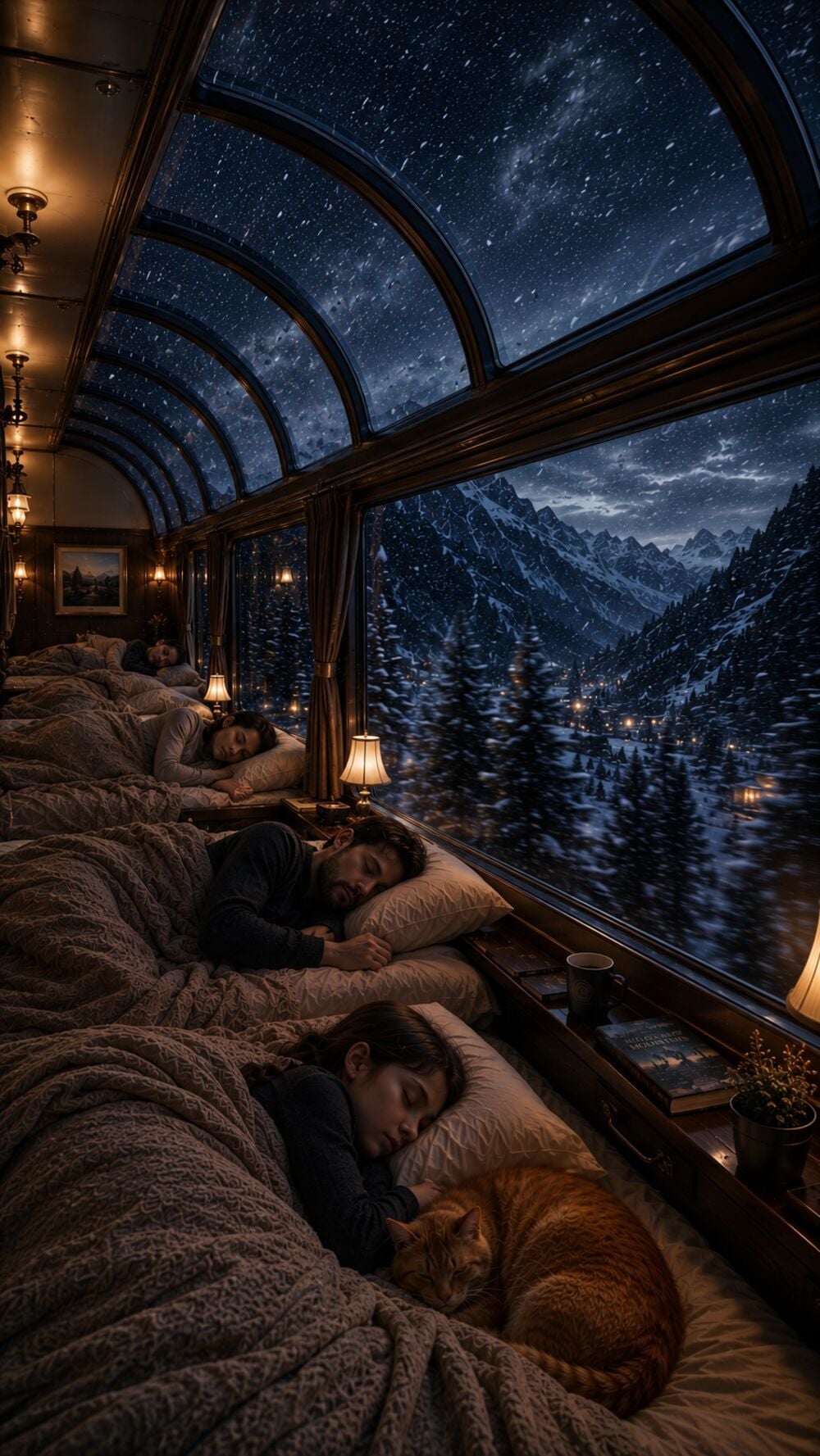 A family sleeping in a luxury glass-domed train car overlooking snowy mountains at night