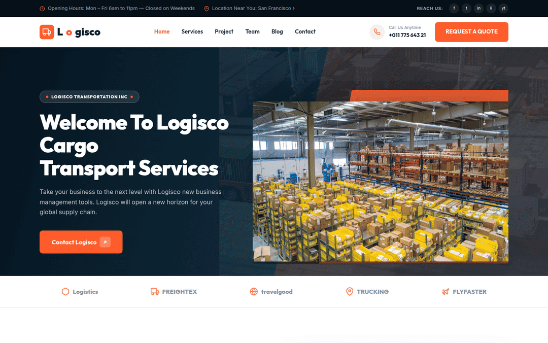 Wide desktop walkthrough GIF for Logisco — Cargo Transport Website Template