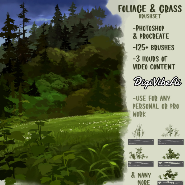 Foliage & Grass Brushset – 125+ Brushes for Photoshop & Procreate by DigiVibeAi