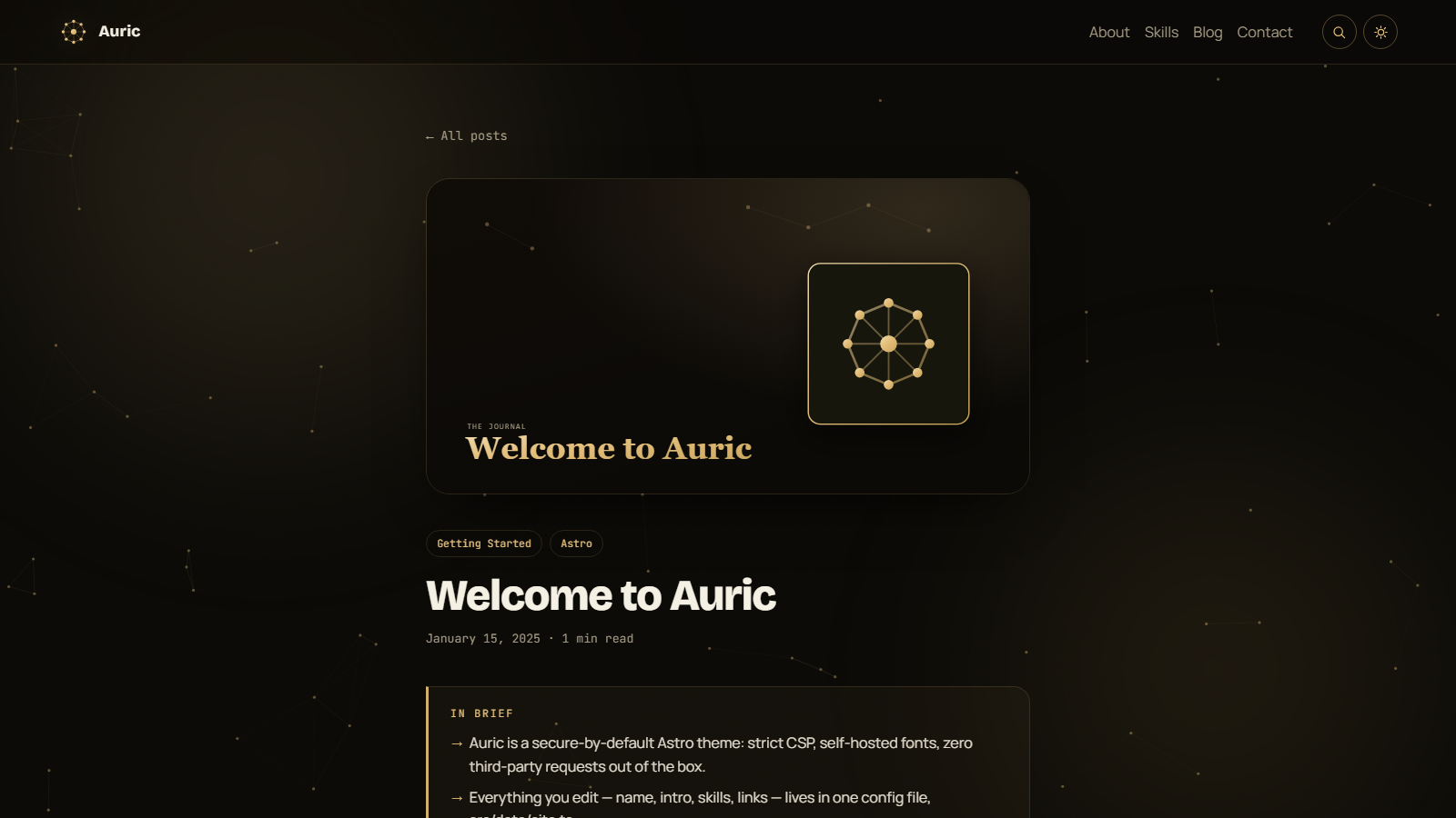 Auric article page for 'Writing in Markdown' showing a styled cover image and typography