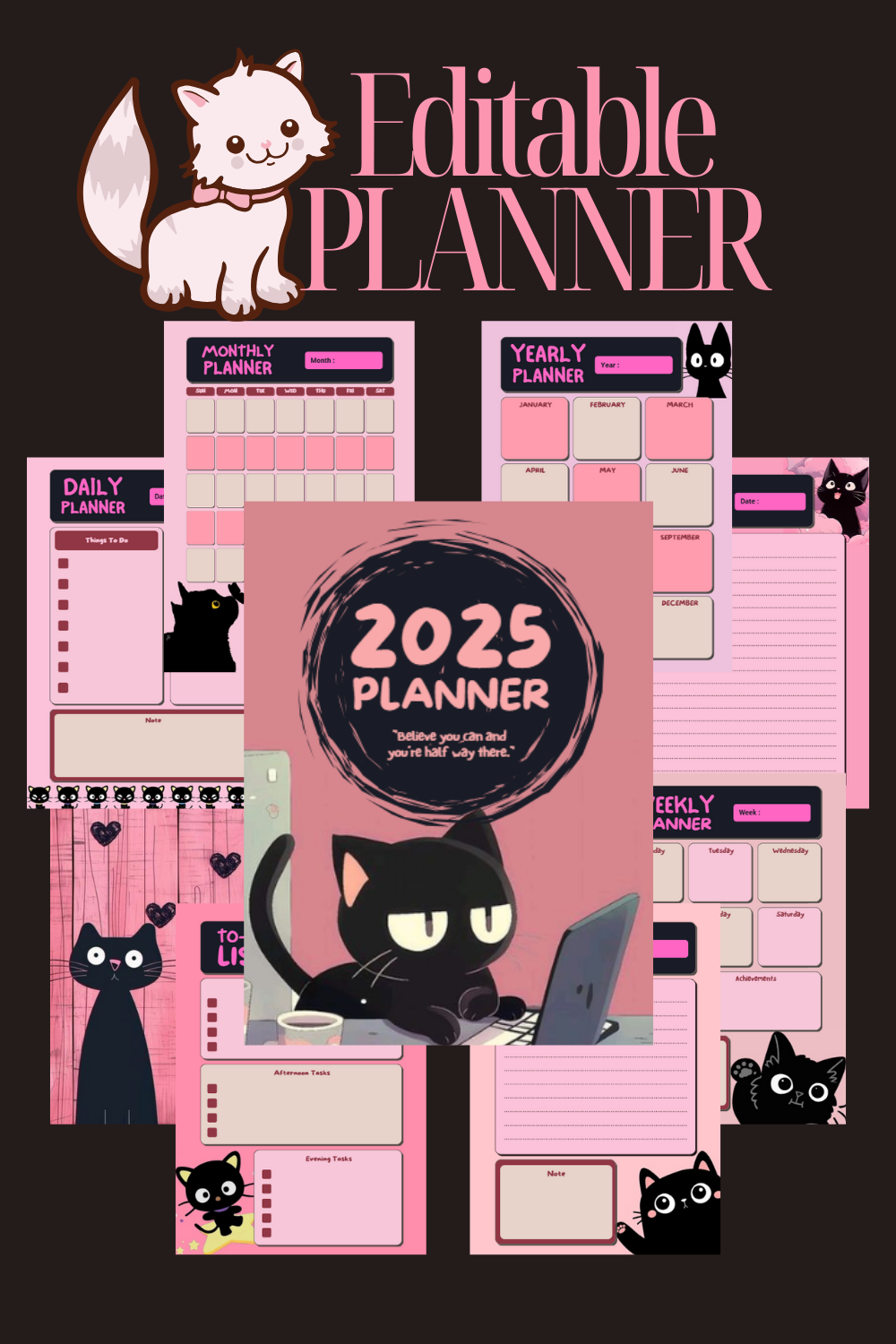 Black cat pink planner template