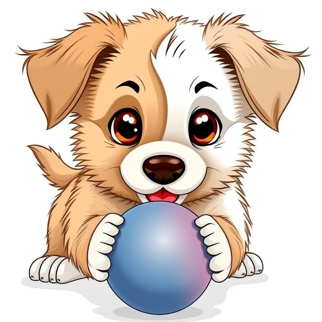 Coloured image of Puppy Playing with ball, white and black on its left side