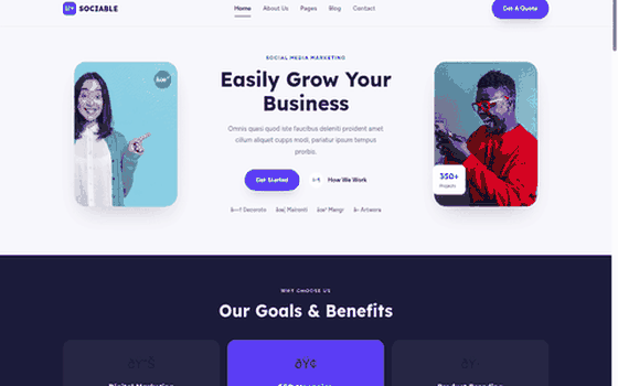 Desktop walkthrough preview of the Sociable — Easily Grow Your Business website template