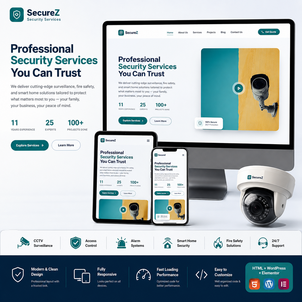 Wide desktop walkthrough for SecureZ — Premium Security Services Website Template (HTML5 + Bootstrap 5 + WordPress + Elementor) 