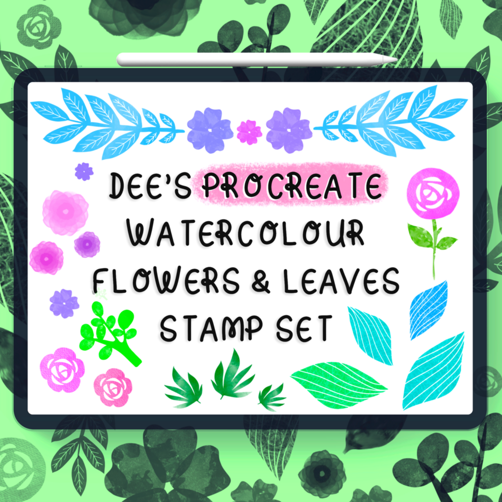 11 x PROCREATE WATERCOLOUR FLOWERS LEAVES Brush & Stamp Set For