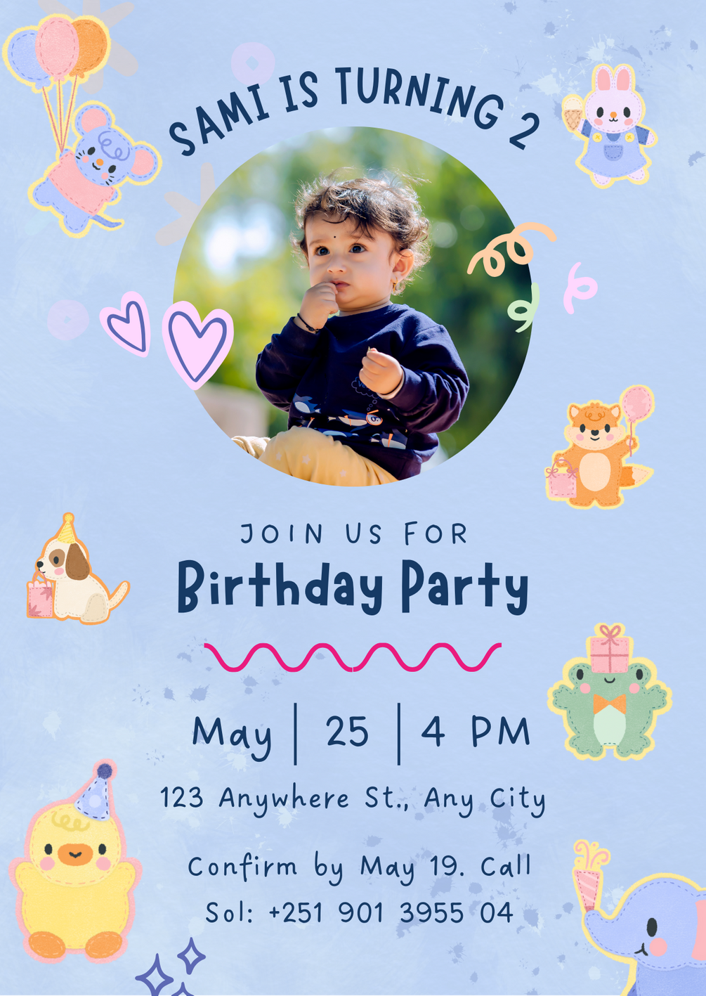 Cute blue birthday invitation editable canva template