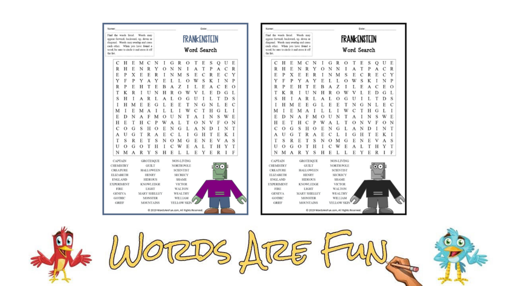 Frankenstein Word Search Answer Key Halloween Frankenstein W
