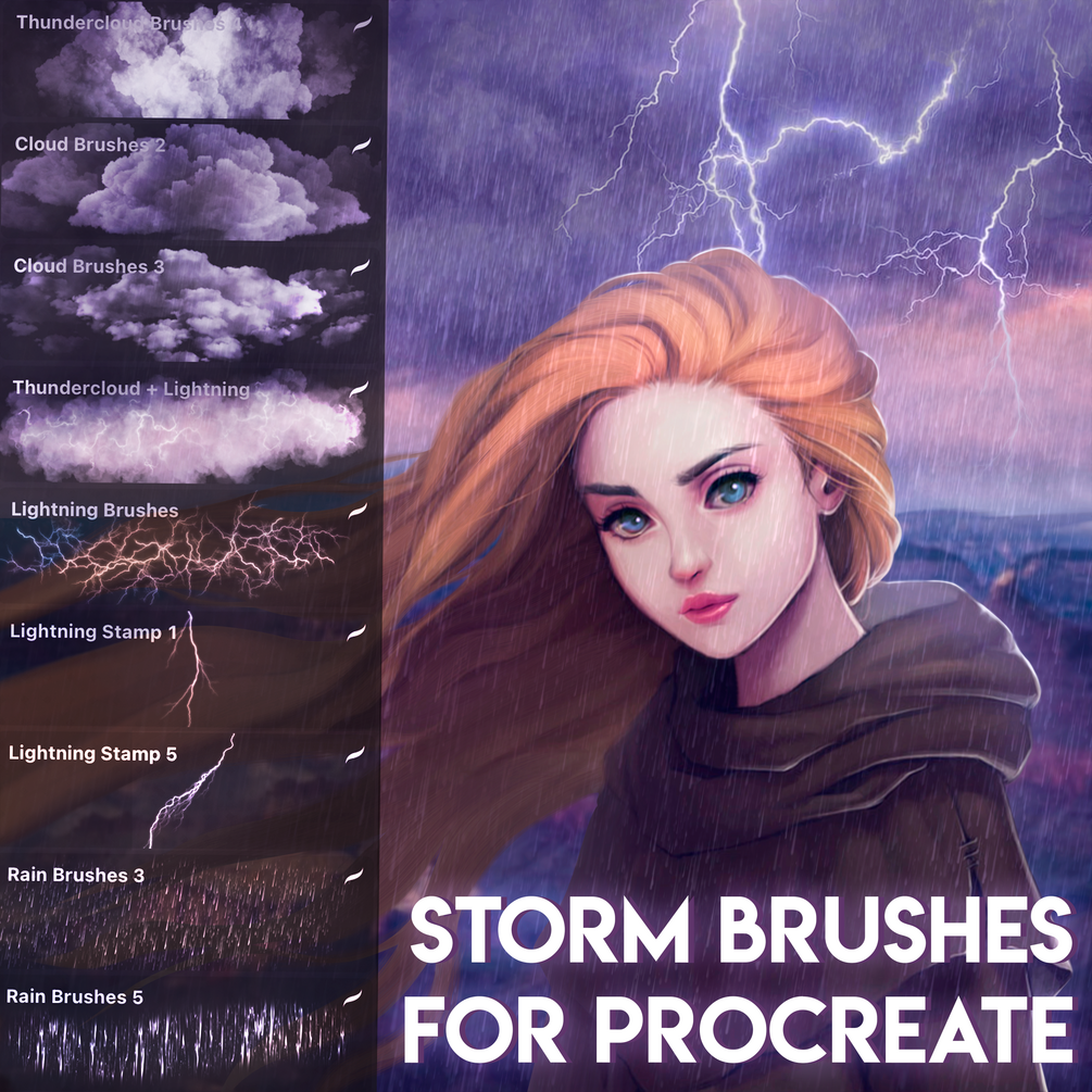 Storm Brushpack (Brush Lightning, Storm clouds, Rain, Puddles and so on) for procreate by Di