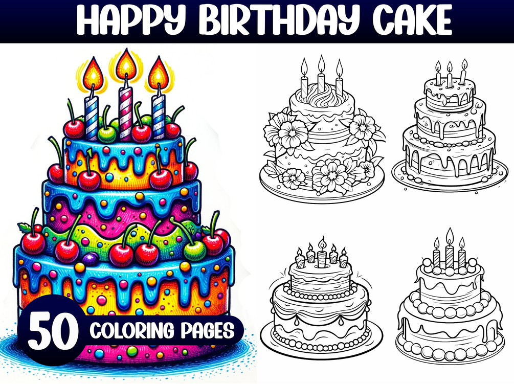 Happy Birthday Cake Grayscale Coloring Pages for Adults, Printable PDF ...