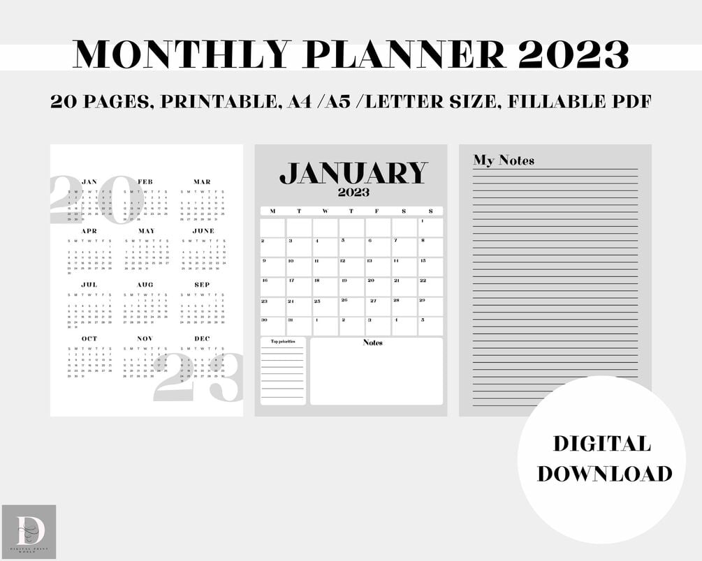 Monthly Planner 2023 Calendar, Printable Organiser,All 12 Months JanDec Planner Set Plus Extra