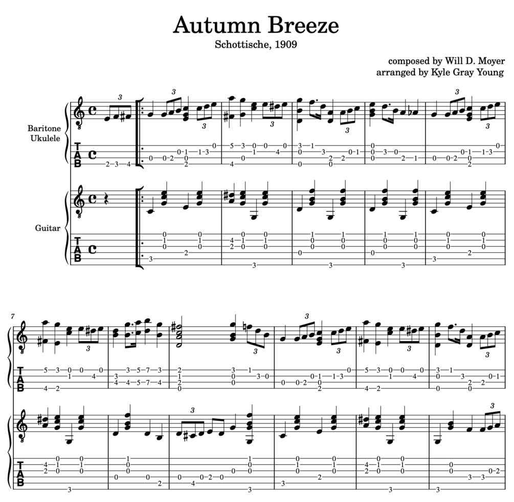 Will D. Moyer Autumn Breeze (baritone ukulele & guitar duet, tablature)