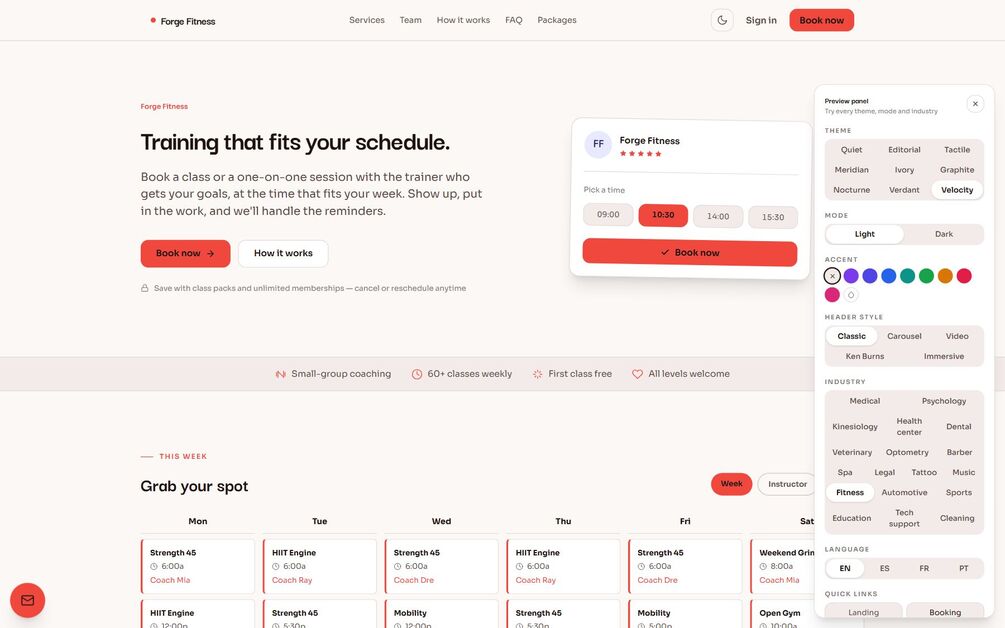 The landing configured as a gym in the red Velocity theme, with the preview panel open on the right listing all nine themes, light and dark, eight accents, five header styles, all eighteen industries and four languages.
