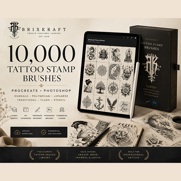10,000 Procreate Tattoo Stamps Bundle, Photoshop, Mandala, Polynesian, Japanese, Traditional, Flash Stencil Brushes