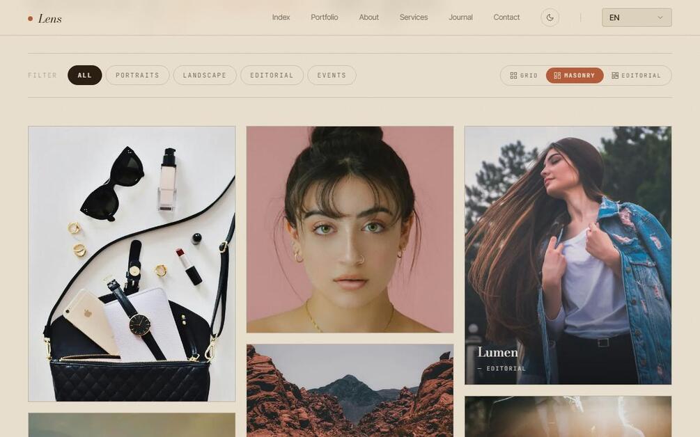 The Lens portfolio in masonry mode on the warm sun-bleached theme: five photographs staggered across three columns, one card overlaid with the caption Lumen Editorial.