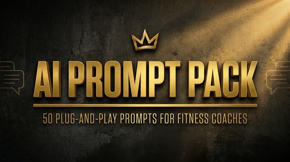 AI Prompt Pack — colossal gold letters over dark concrete etched with gold chat bubbles: the complete AI system for fitness coaches.