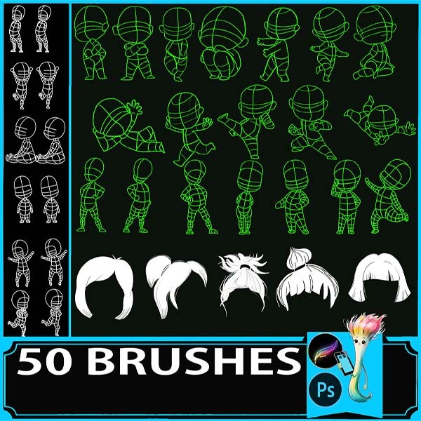 Procreate & Photoshop 50 Types Deformed・Cute Character Body Shape Brush Set | Q|version・Children・Manga Person by best procreate brushes