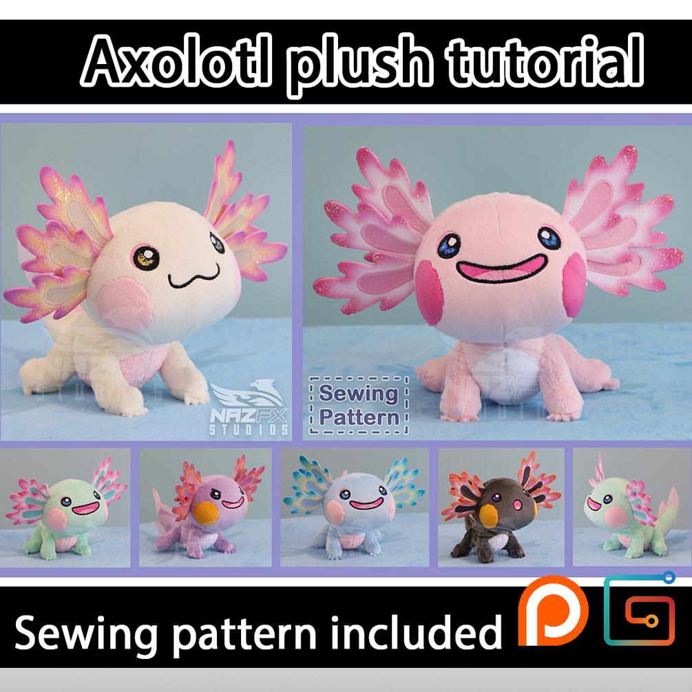 Axolotl plush sewing pattern and video tutorial