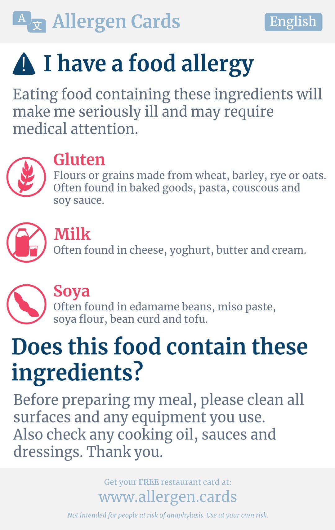 Tree Nut Allergy Translation Card French (France)