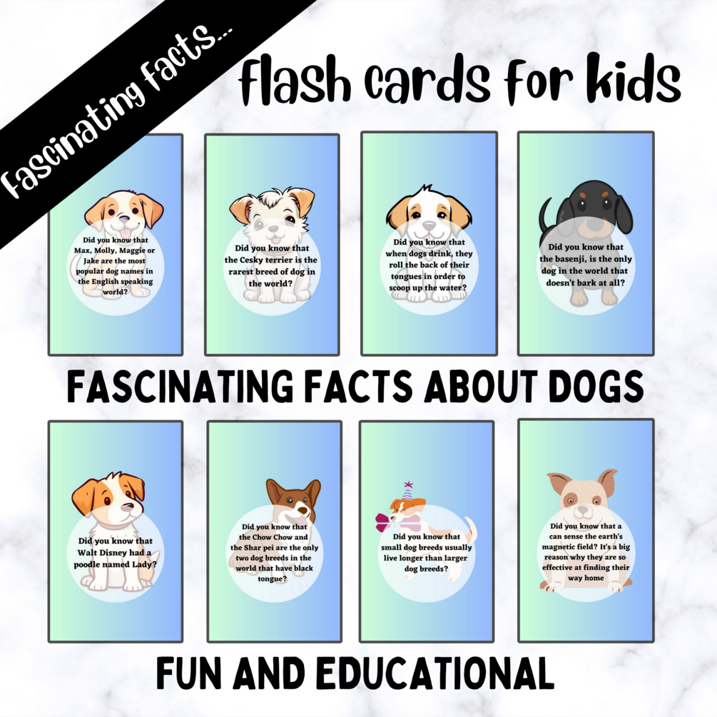 Fun facts about dogs flash cards for kids, digital printable flash