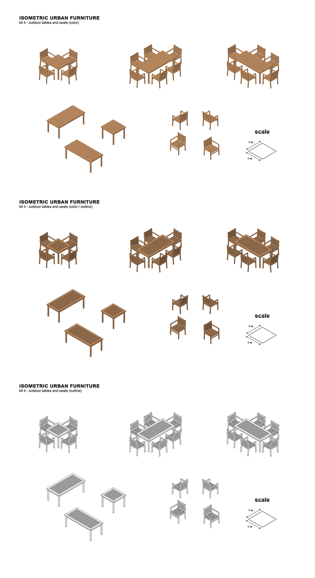 Isometric urban furniture kit 4 outdoor tables and seats (PSD)
