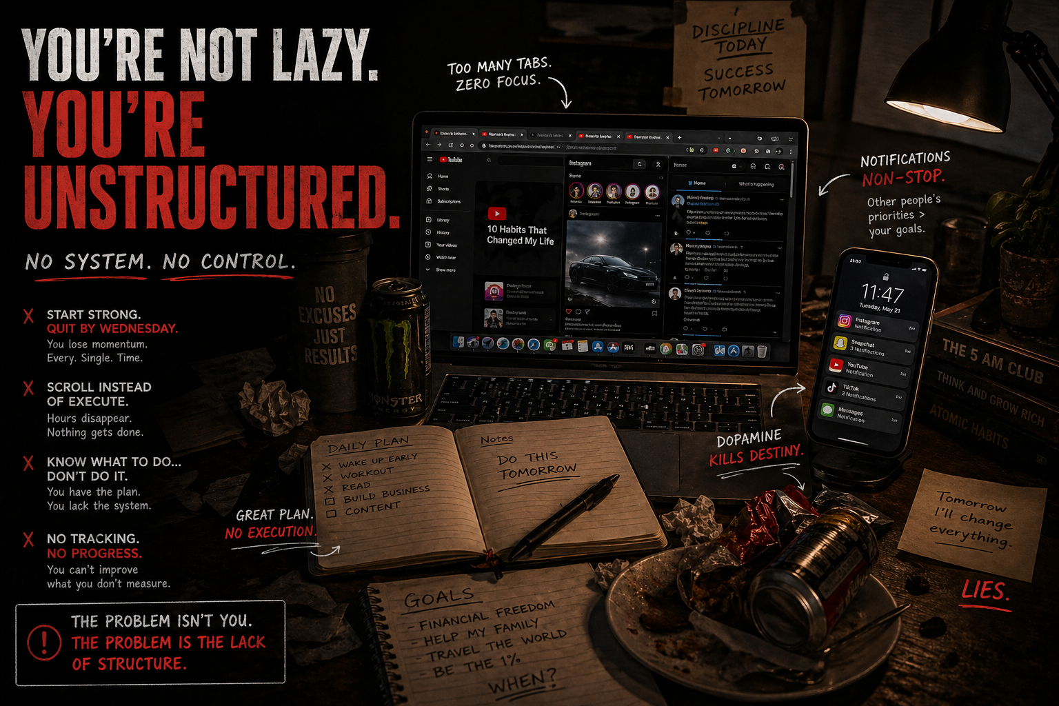 EXECUTE product artwork showing the distractions and unstructured work habits that daily accountability tracking is designed to address