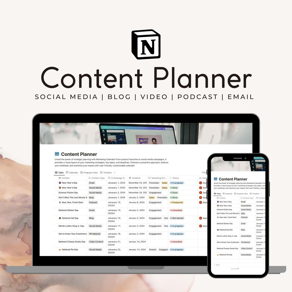 Notion Template Content Planner Content Creation Calendar One Page