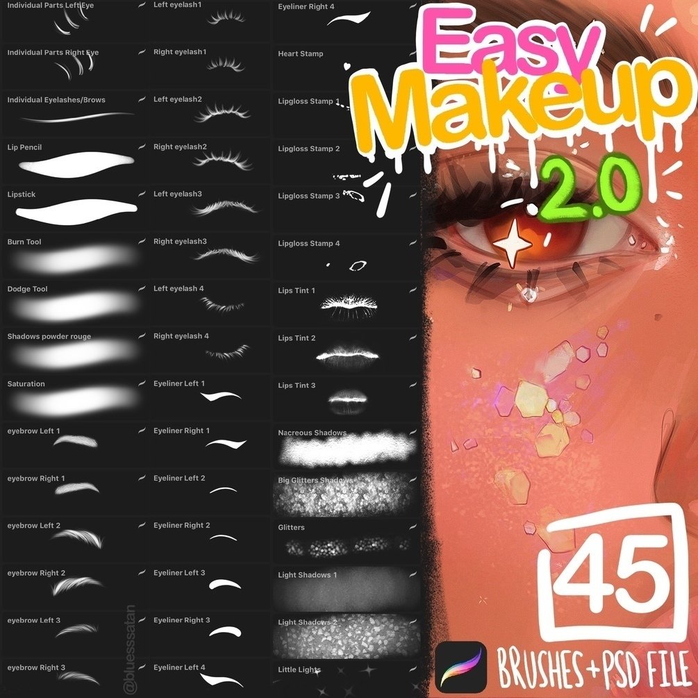 Easy Makeup 2.0 for Procreate app 45 brushes + PSD file by Julia Razumova