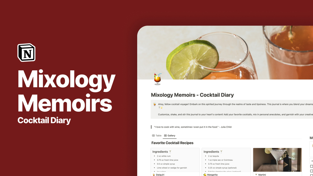 Mixology Memoirs Cocktail Diary 🍹 Notion Template