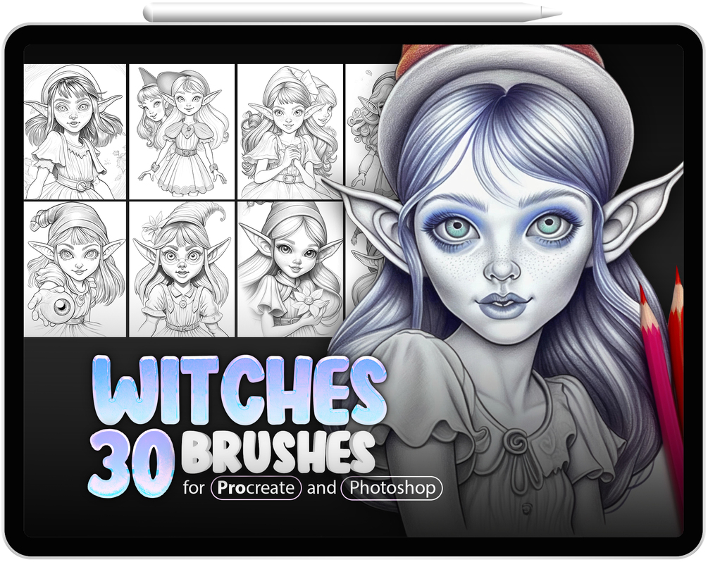 30 Cute Witches Stamp Brushes Collection for Procreate and Photoshop by ProCreativeBreeze