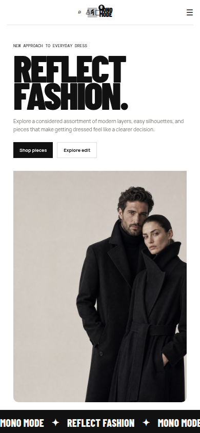 Mobile source preview for Monochrome Mode — Fashion Storefront Website Template (HTML + WordPress + Elementor)