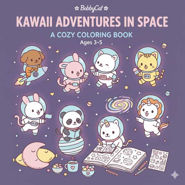 Kawaii Animals in Space Coloring Book Preview
