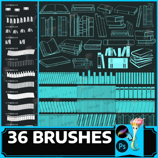 procreate brush ps brush books are placed neatly to embellish retro bookshelf decoration line draft, photoshop books by best procreate brushes