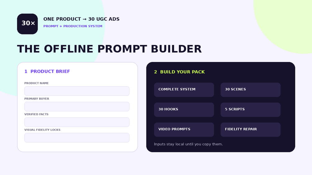 Offline prompt builder interface for entering product facts and choosing output tools
