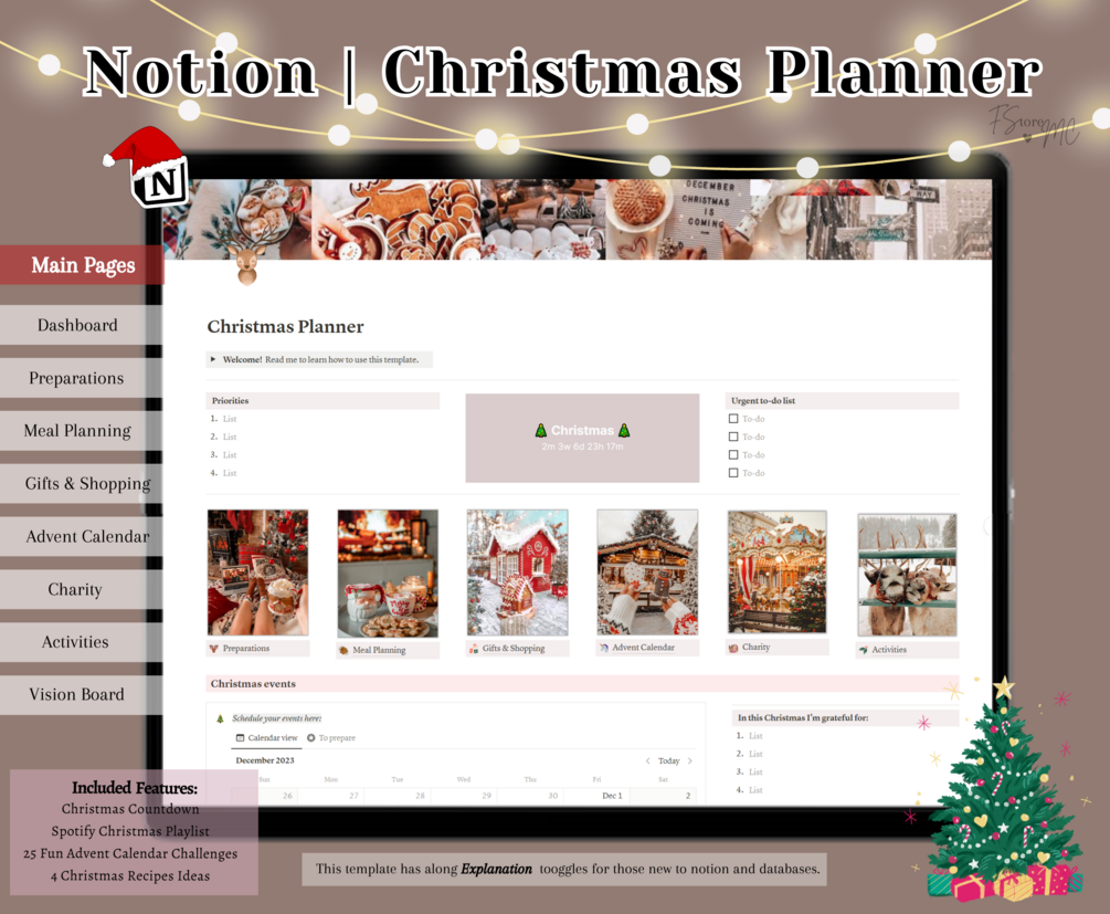 Notion Christmas Planner christmas checklist, gift list, christmas