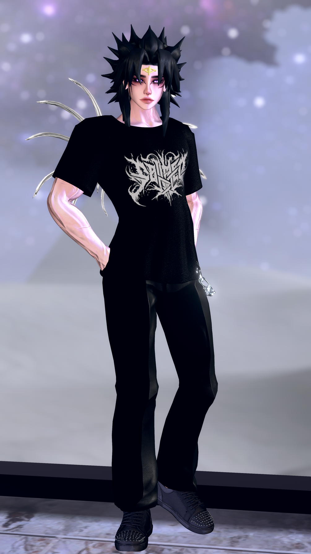 Ankhu — black hair and gold forehead sigil, graphic shirt and dark trousers, pyramids under a violet sky